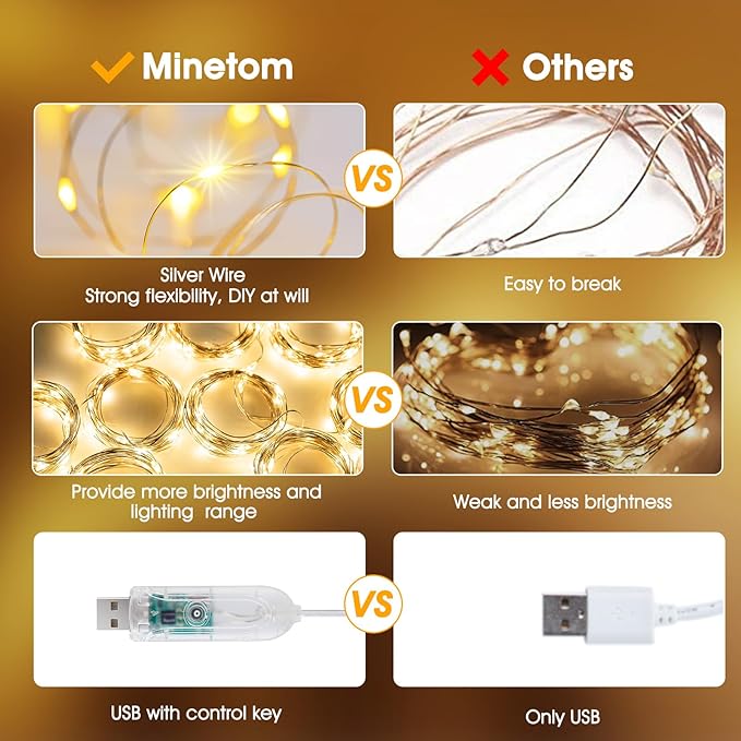 Minetom Curtain Lights, 300 LED Dimmable Fairy Lights with Remote and Timer, 8 Modes, USB Powered String Lights for Room Wall Party Xmas Indoor Decor, Warm White, 2 Pack