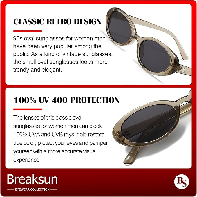 Breaksun Retro Oval Sunglasses for Women Men Fashion Small Oval Sunglasses 90s Vintage Shades