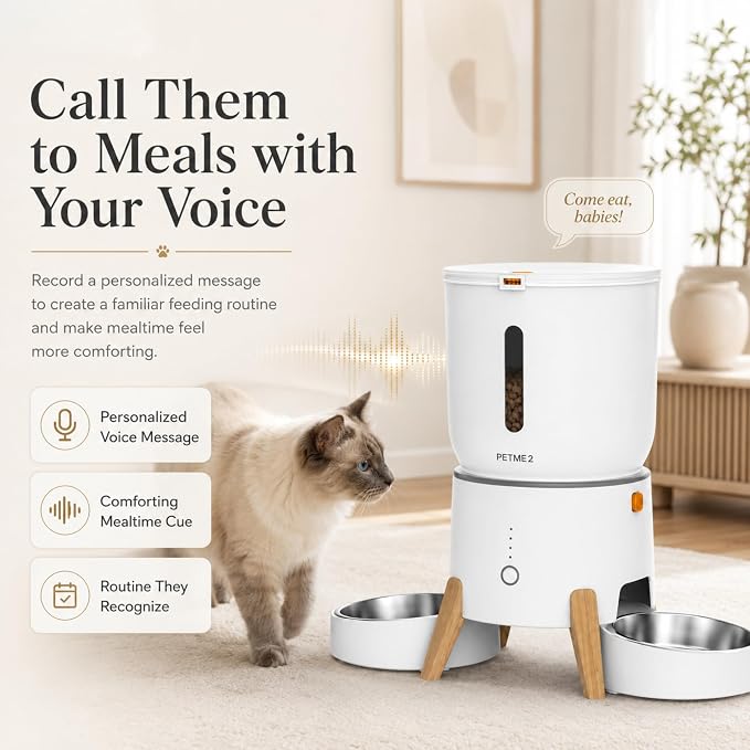 Dual Bowl Automatic Cat Feeder - 5L WiFi Smart Elevated Cat Feeding Station with App Control, Voice Recording, Dual Power Options, Stainless Steel Cat Bowls & Anti-Jam Technology for Small Dogs