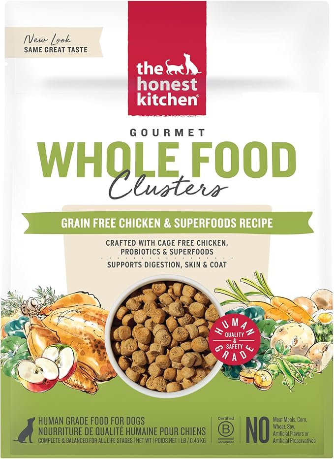 The Honest Kitchen Grain Free Chicken & Superfoods Whole Food Clusters, Human Grade Dry Dog Food, Vet-Crafted Nutritional Support for Skin, Coat, Digestion & Overall Wellness, Trial Size, 1 lb Bag
