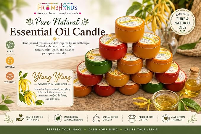 Ylang Ylang Pure Natural Essential Oil Candle | Hand-Poured Small Batch, Aromatherapy Inspired, Soothing Floral Scent, Wellness & Self-Care, Tin Container