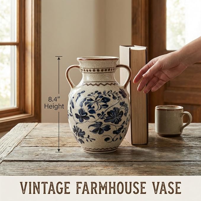 EFISPSS Ceramic Vintage Vase,Spring Decor Unique Chinese Crackle Floral Handle for Dining Room Mantle Living Room,Blue