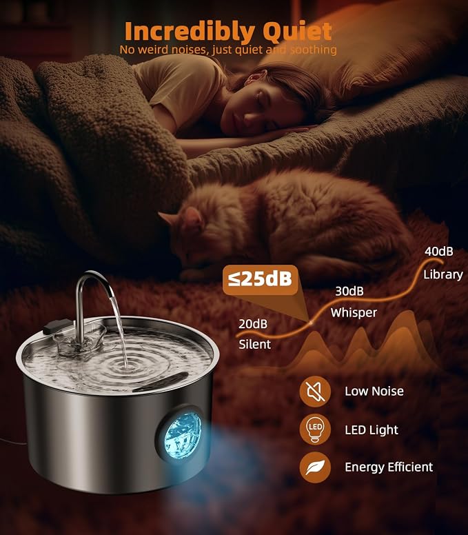 108oz/3.2L Stainless Steel Cat Water Fountain with Detachable Tank, Easy to Clean & Assemble, Pet Drinking Dispenser with Quiet Operation & LED Light, Gifts for Cats, Dogs and Small Pets