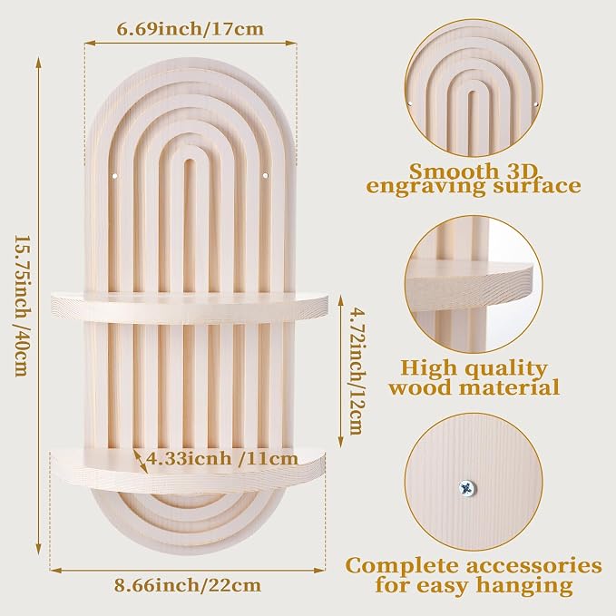 2 Pcs Boho Wall Shelf Rainbow Arch Wooden Floating Shelf Mid Century Bohemian Hanging Holder Double Vintage Wall Mount Altar Decor for Nursery Bedroom 15.75 x 6.69 Inches(White)