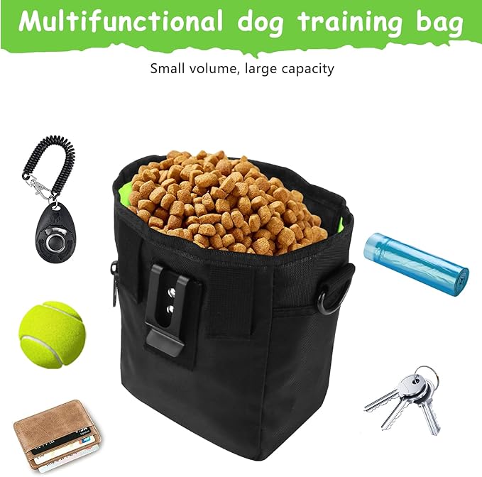 kissleaf Dog Treat Pouch, Magnetic Closure, Dog Clicker- Black