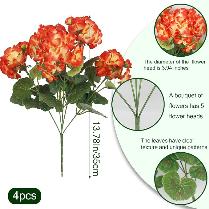 CISDUEO 4 Pcs Artificial Geraniums for Outdoors Silk Flowers Outside Orange | Faux Flowers Geraniums for Outdoor Planter Floral Home Decor Indoor Garden Patio Grave Cemetary Vase Table Centerpiece