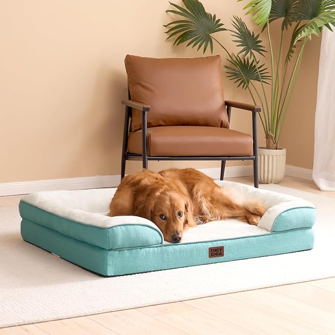 EHEYCIGA Orthopedic Dog Bed for Large Dogs, Waterproof Memory Foam, Turquoise Blue, 35"L x 22"W x 6.5"Th | Non-Slip Bottom and Egg-Crate Memory Foam Dog Couch Bed with Washable Removable Cover, Turquoise Blue