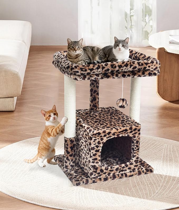 SYANDLVY 27" Cat Tree for Indoor Cats, Activity Tower with Scratching Posts | Modern Kitten Condo with Plush Perch & Hanging Ball for Play, Leopard Print