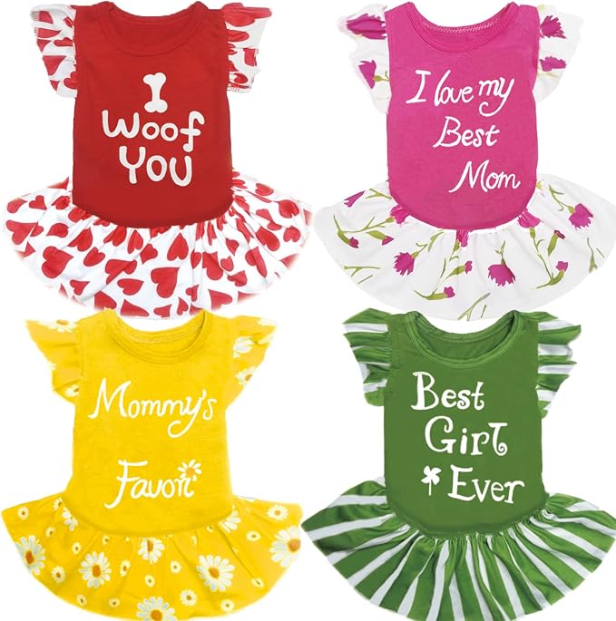 XPUDAC 4 Pack Dog Dress Girl Clothes for Small Dogs Girl Flower Dresses for Small Dogs Apparel Colorful Dog Clothes Female (XXS, 4 Flower)