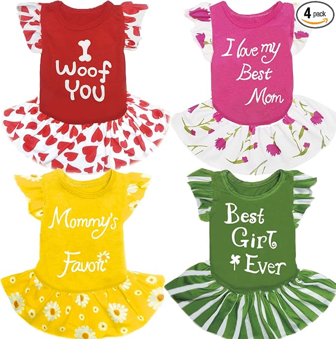 XPUDAC 4 Pieces Dog Dress Girl Dog Clothes for Dogs Girl Flower Dresses for Small Dogs Apparel Colorful Small Doggie Clothes Female (Large, 4 Flower)