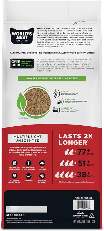 World's Best Cat Litter, Multiple Cat, Unscented, Odor Control, 32 lb Bag