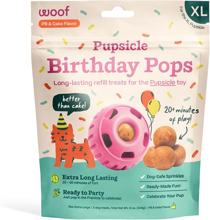 WOOF Pupsicle Birthday Refill Pops Dog Treats, XL | Fits XL Pupsicle, pre-made birthday treats, naturally sweet, cake flavor, long-lasting enrichment, shelf stable