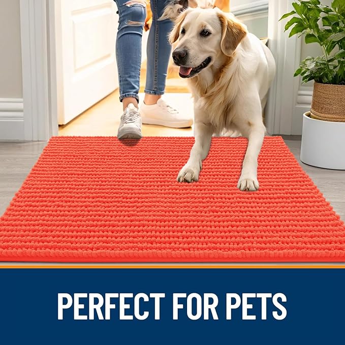 OLANLY Dog Door Mat for Muddy Paws 36x24, Extra Absorbent Chenille Mud Mat | Coral, Absorbs Moisture and Dirt, Non-Slip Machine Washable Doormat, Quick-Drying Indoor Entryway Floor Mat for Dogs