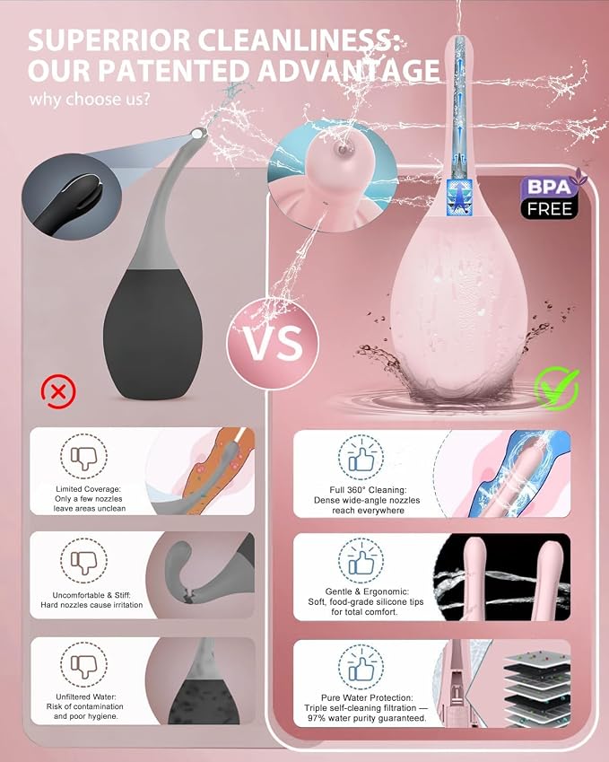 Enemas Anal Douches for Men Women - Enema Bulb with Soft Silicone Nozzles,Anti Backflow Shower Douche Enema Kit,Feminine Care Shower Enema Douche Kit Cleaner Flusher,Shower Tube Connectable,Pink