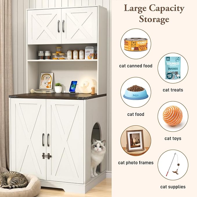 71Inches Tall Cat Litter Box Enclosure for Cats W/Power Outlets,Open Shelves.Wooden Pet Washroom Furniture W/Locks,Cabinet.Indoor Cats House,Hidden Cat Litter Box for Living Room,Bedroom(White-2)
