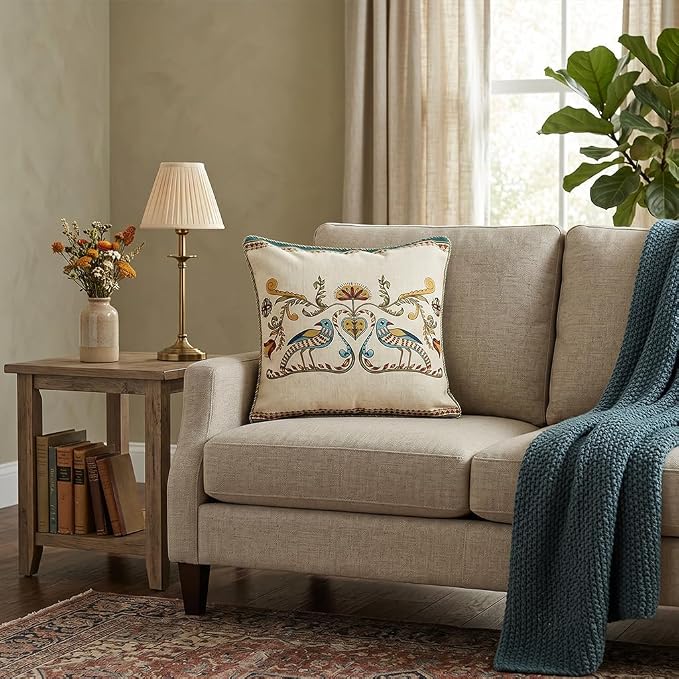 patdrea Designer French Vintage Linen Throw Pillow Cover,18"x18"-Wensel C | RusticDecorative Pillow Case,Bird and Floral Pattern,Cushion Coverfor Couch Living Room Bedroom Sofa