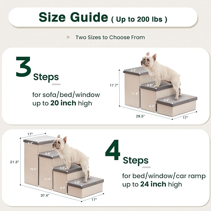 Love's cabin Dog Stairs for High Bed, Foldable Pet Stairs for Small Medium or Large Dogs Puppy with Storage for Bed or Couch, Cat Dog Steps Ramp with Zip up to 200 lbs, Light Grey, 3 Steps