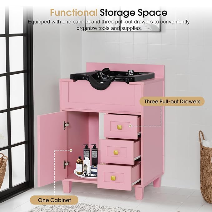 BarberPub Barber Storage Shampoo Station, Spa Textured Embossed Cabinet with Shampoo bowl & Drawers, Hair Salon Sink Backwash Equipment 7131 (Pink)