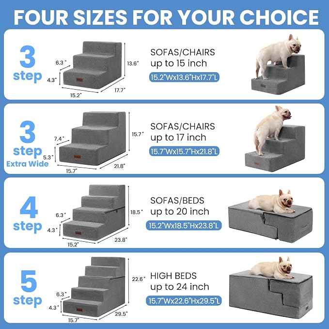 Aodisman Dog Stairs for Small Dogs,Wider 3-Step Pet Steps for Couch & Bed | High-Density Foam Dog Steps with Anti-Slip Bottom,Easy for Puppies,Older Cats & Dogs to Reach Sofas & Chairs,Grey,15.7" H