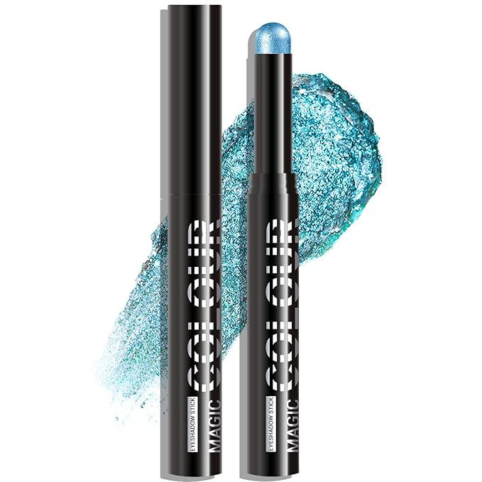 Glitter Eyeshadow Stick - Dazzling Blue Shimmer Cream Eye Shadow Pencil Buildable Sparkling Face Highlighter Makeup, Long Lasting Lightweight Waterproof & Smudge Proof for Easy Application