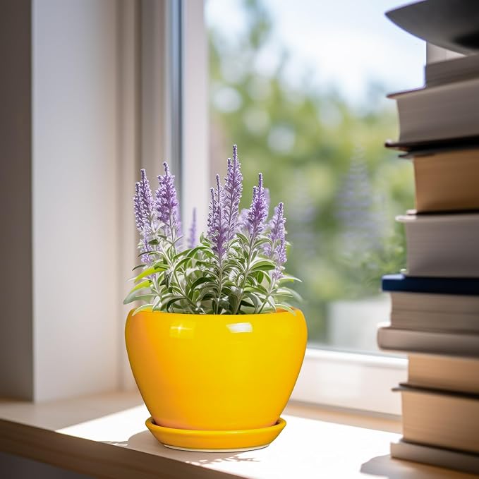 Ceramicfor Ceramic Pot for Plants - 6 Inch Plant Pot Glaze Modern Decorative Round Planter with Drainage Hole and Saucer for Home Patio Room Office House Decor, Yellow
