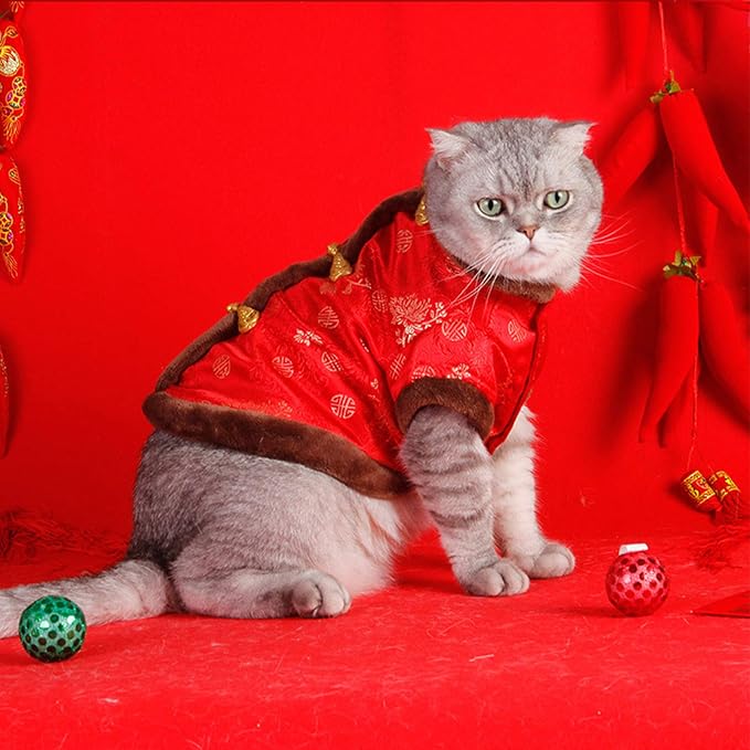 SEIS New Year Cat Knot Buttons Coat Dogs Cheongsam Winter Pet Clothes Vest Christmas Costume for Cats Teddy Bichon Small Medium Dogs (Brown, L (Chest Circumference 63cm/ 24.8"))