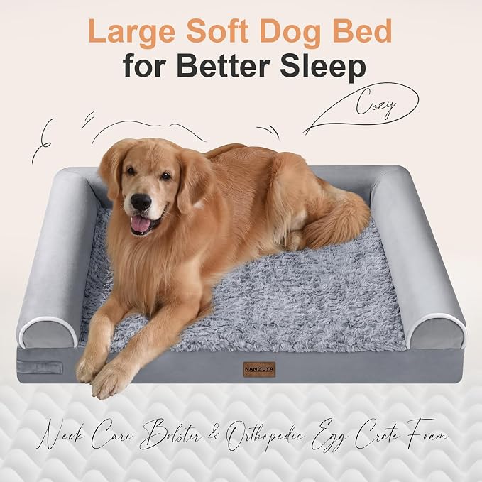 Orthopedic Dog Bed for X-Large Dogs, 40 x 32 Inch, Light Grey | Egg crate foam for joint support, 3-sided bolster pet sofa, waterproof lining, washable cover, and non-skid base