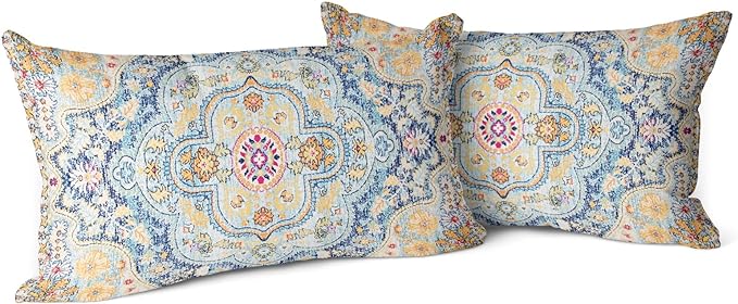 Snycler Boho Throw Pillow Covers 12x20 inch Set of 2 Burnt Blue Yellow Terracotta Rust Colored Throw Pillows Boho Home Decor for Bedroom Living Room Couch & Sofa (No Inserts)