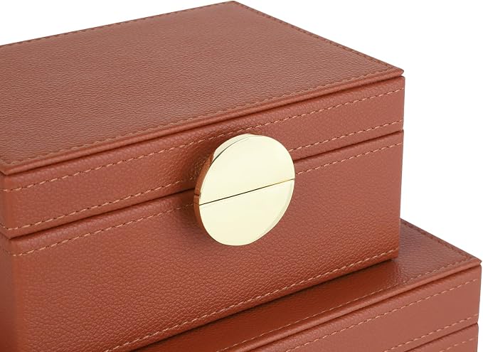 HofferRuffer Faux Leather Jewelry Boxes, Decorative Boxes Storage Accessory Organizer with Gold Hardware Decor, Classic Vegan Leather Set of 2 Pieces (Brown)