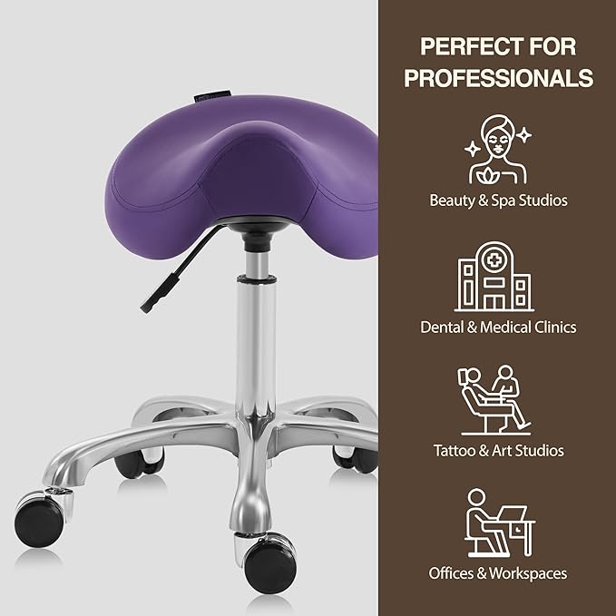 Ergonomic Saddle Stool Adjustable Pneumatic Swivel Rolling Saddle Seat Stool with Wheels for Medical Hygienic SPA Massage Salon Home and Office 506 Haku (English Violet)