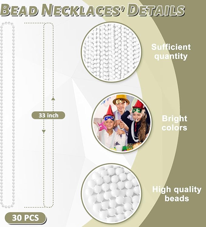 30PCS Bead Necklaces, White Mardi Gras Beads Stuff Party Favors, 33" 6mm Round Holiday Beads Necklace Decorations Bulk, White Beads for Wedding Birthday School Celebrations Festival Parade Throws