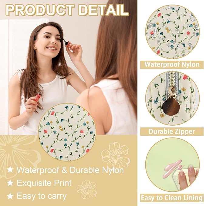 UIXIZQ Waterproof Mini Floral Makeup Bag Pouch for Purse,Nylon Flower Cosmetic Bag Small Preppy Toiletry Organizers Bag for Women Girl,Cute Zipper Pouch Coin Purse for Work(Mini Light Yellow-Flowers)