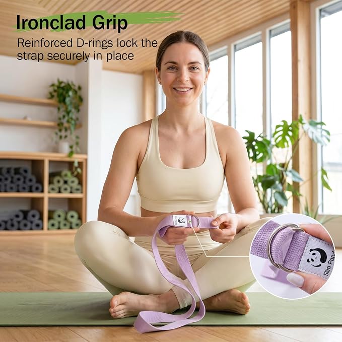 Slim Panda Yoga Strap for Stretching,Cotton Yoga Strap with Adjustable D-Ring Buckle,Non-Elastic Yoga Belt for Pilates,Gym Workouts,Physical Therapy,Improve Flexibility