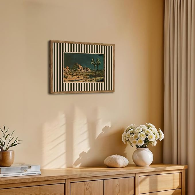 Vintage Western Cactus Wall Art, Southwestern Night Desert Wall Decor Paintings Mid Century Nature Striped Landscape Canvas Prints Artwork for for Living Room Bedroom 12x16 inch Framed