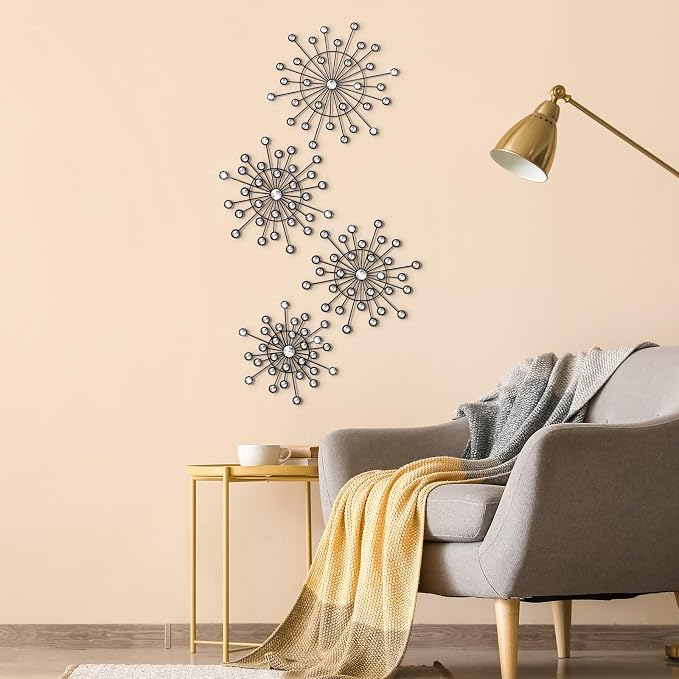 Blulu 4 Pcs Metal Wall Decor Bling Crystal Wall Art Cast Iron Rhinestones Sunburst Decor Starburst Art Hanging Diamond Accents Home Decorative for Living Room Bedroom Entryway(Black)