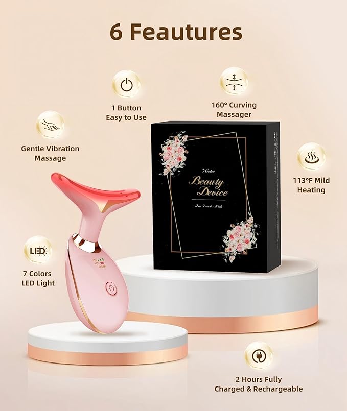 ELISHINE 7 Color Face and Neck Massager Light Therapy, Red Light Based Facial Massager for Skin Care, Firming, Smoothing (Rose Golden)