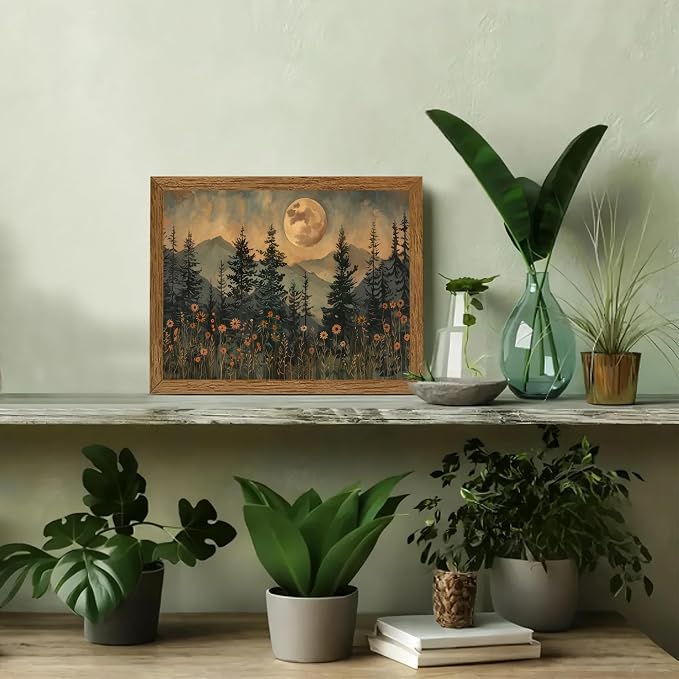 JLTULT Vintage Pine Tree Wall Art, Moonlit Wood-Framed Canvas, 8 x 10 In | Moonlit pine forest with wildflowers, fade-resistant canvas and ready-to-hang frame for bedrooms, living rooms and offices