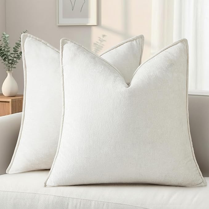 decorUhome Chenille Cream White Velvet Throw Pillow Covers 24x24 Set of 2 | Fall Soft Euro Sham Couch Decorative Modern Farmhouse Pillow Cases with Elegant Design for Sofa Bed Living Room Home Decor