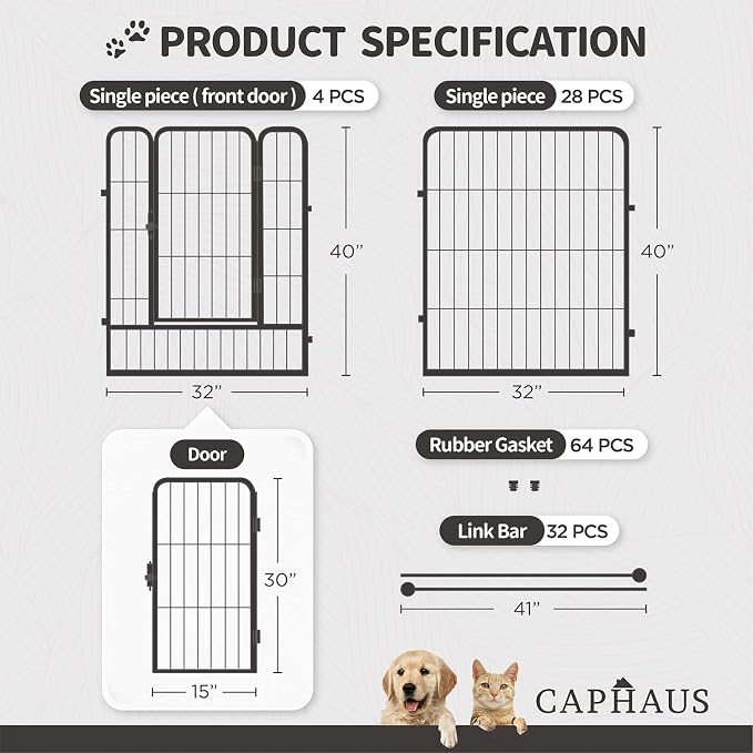 CAPHAUS 24/32/40 Inch Height Bold Metal Foldable Heavy-Duty Pet Playpen with Door, Available in 8/16/24/32 Panels Indoor/Outdoor Portable Kennel, Dog/Animals Exercise Fence Cage for Yard, RV, Camping