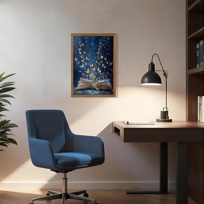 JLTULT Book Wall Art with Butterflies, Solid Wood-Framed Canvas, 16x24 in | Blue open-book art with butterflies on fade-resistant canvas and a ready-to-hang solid wood frame for bedrooms and studies