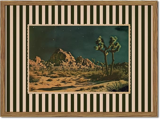 Vintage Western Cactus Wall Art, Southwestern Night Desert Wall Decor Paintings Mid Century Nature Striped Landscape Canvas Prints Artwork for for Living Room Bedroom 12x16 inch Framed