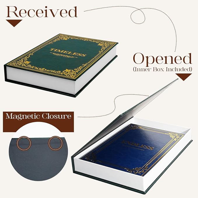 Vintage Decorative Book Storage Box Set of 2, Stylish Faux Leather Decorative Books, Fake Book Storage Box for Bookshelf, Coffee Table, Modern Home Decor, Dark Green & Dark Blue