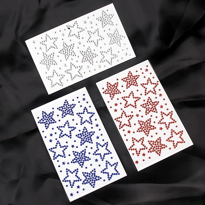 6 Sheets Self Adhesive Star Gem Stickers Red White Blue Rhinestone Stickers 4th of July Face Jewel Stick on Patriotic Face Makeup Sticker Independence Day Sticker for Body Nails Crafts Decoration