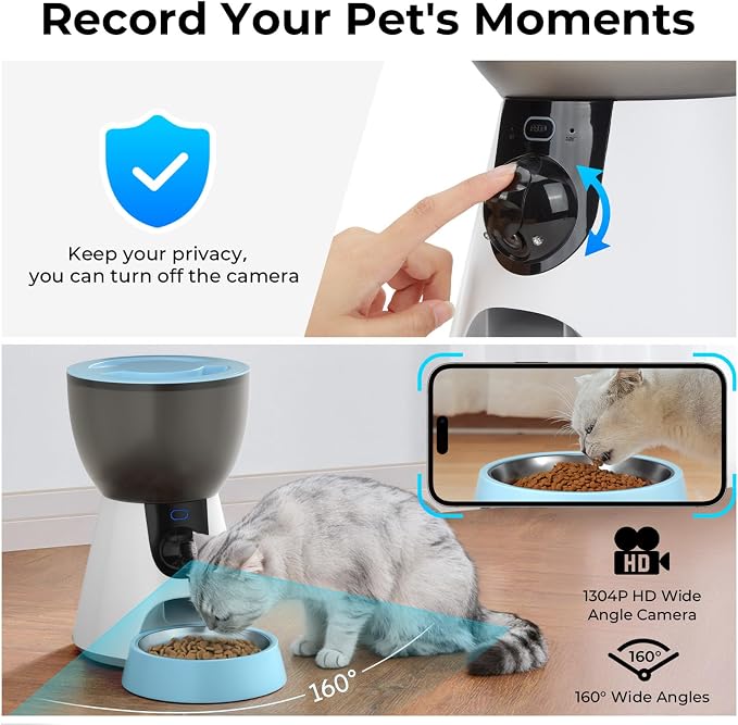 Ownpets Automatic Pet Feeder with Camera, 1304P HD Video with Night Vision, 2-Way Voice Interaction, 2.4G & 5G WiFi Food Dispenser with APP Control, 4L Timed Feeder for Cats and Dogs