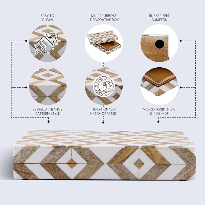 Handicrafts Home White Decorative Storage Box with Lid Wooden Desk Organizer Box Office Storage Box for Workspace Desk Decor Organizer – Resin Inlay Marquet Array Collection - 6x8x1.5