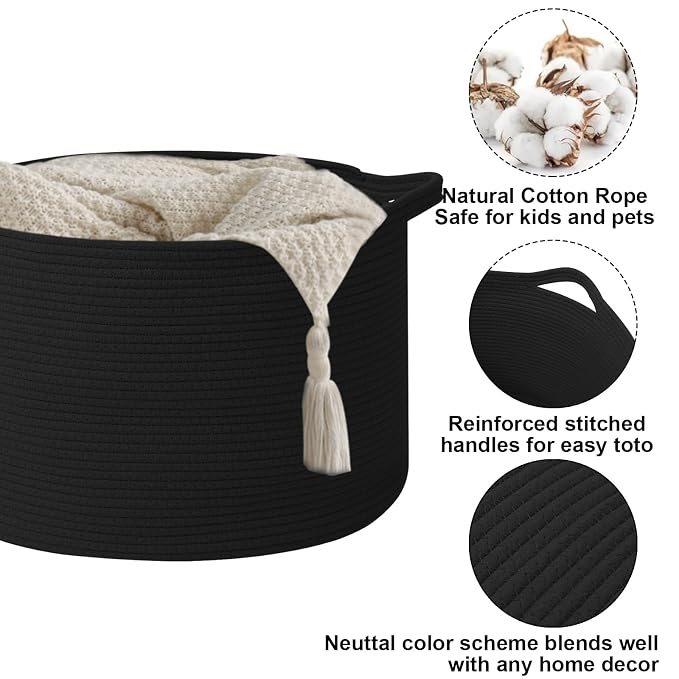 115L Extra Large Blanket Basket,Woven Rope Laundry Basket-Black | Collapsible, reinforced handles, nursery storage bin organizes clothes, toys and pillows for living room, bedroom bathroom