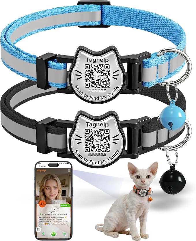 Breakaway Cat Collar with QR Code Tag and Bell (Black & Blue) | Reflective Nylon, Quick-Release Buckle