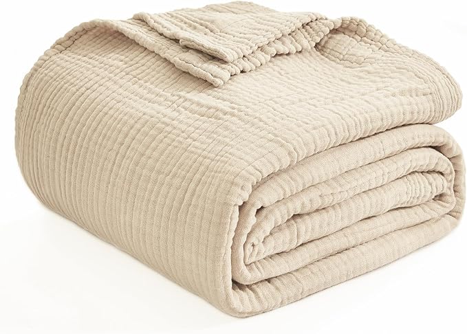 EMME Cotton Blanket Queen Size for Bed Soft Muslin Bed Blankets 90"x90" Beige Lightweight Breathable Bedspread Coverlet All Season Gauze