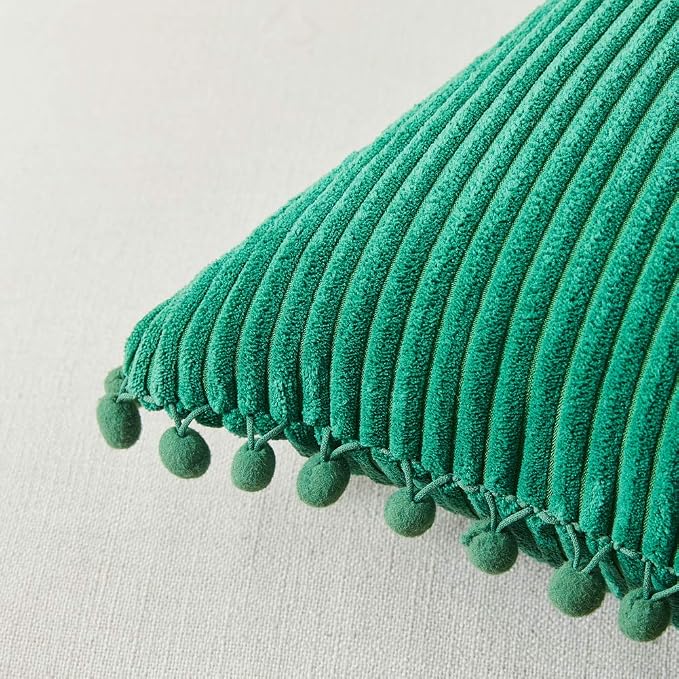 Fancy Homi Pack of 2 Boho Green Rectangle Decorative Throw Pillow Covers with Pom-poms, Soft Corduroy Accent Solid Cushion Case Set for Couch Sofa Bedroom Car Living Room (12x20 Inch/30x50 cm, Green)