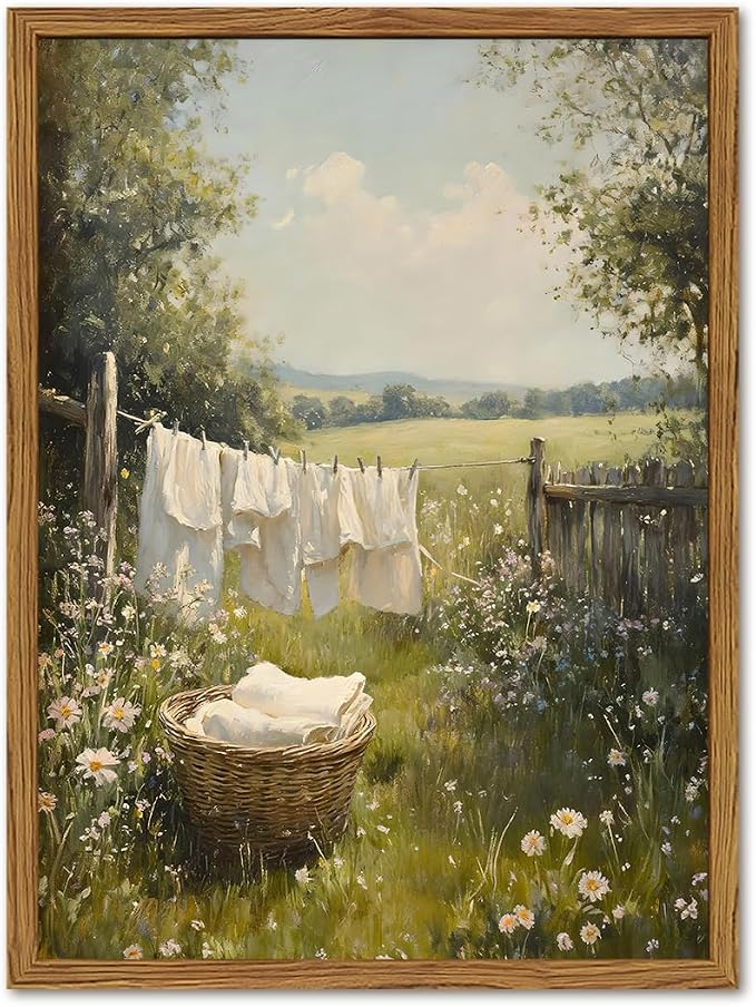 Framed Vintage Laundry Room Wall Art, Farmhouse Landscape Wildflower Pictures Wall Decor, Cottagecore Country Nature Paintings Canvas Prints Home Decor Aesthetic for Bathroom Living Room 16x24 inch